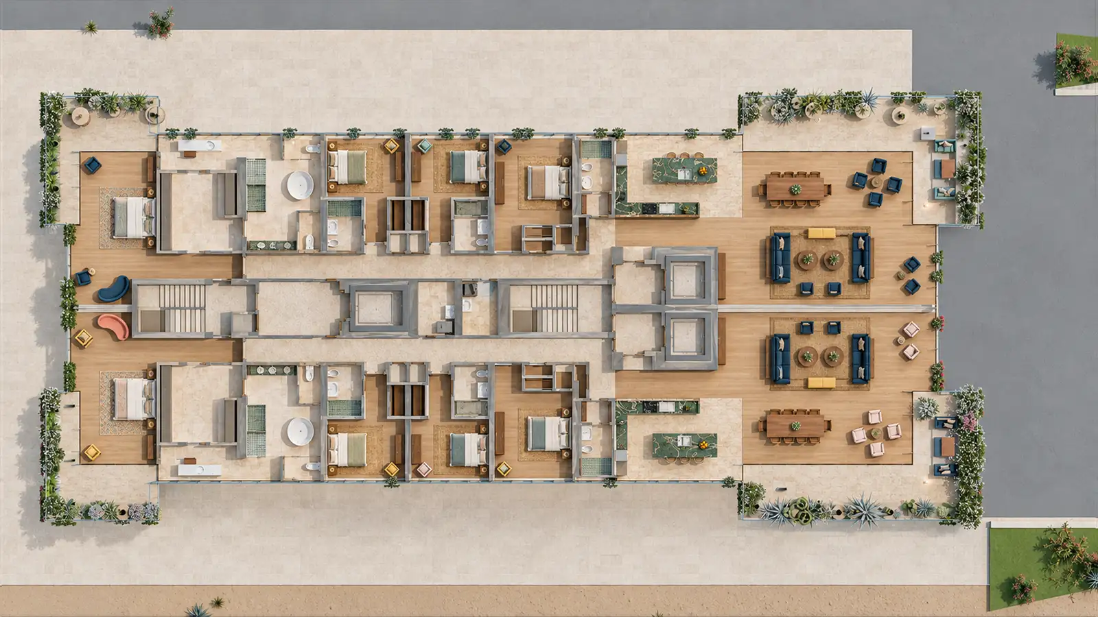 Level 6 of Zigurat seen from above: the furnished floor plan of its two residences over the real site in Los Cabos.