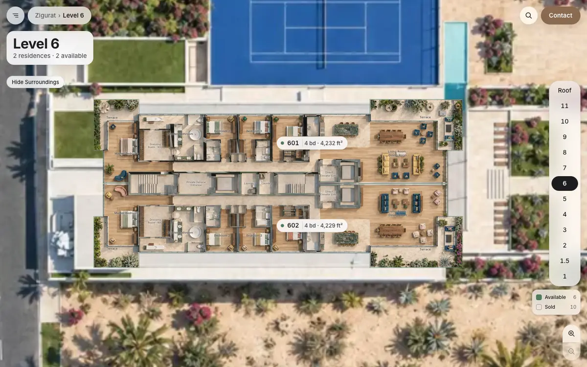 Zigurat level 6 plan with residences 601 and 602