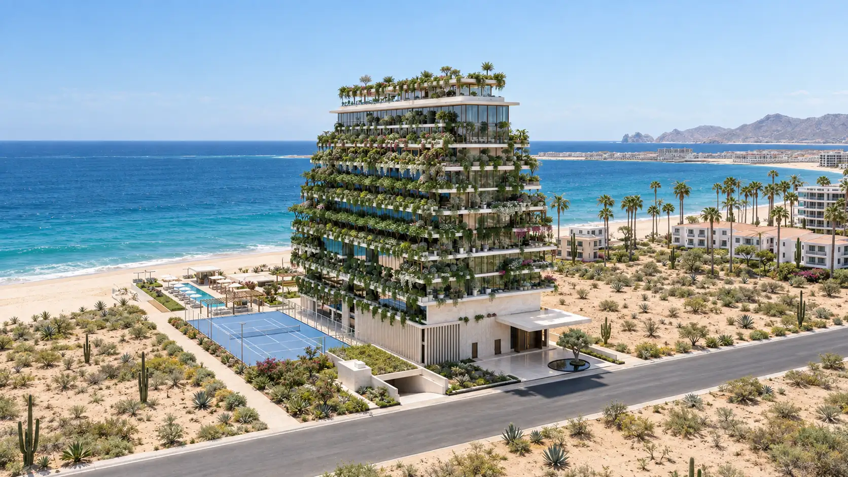 Zigurat, a twelve-story tower with garden terraces on the beach of El Médano, Cabo San Lucas